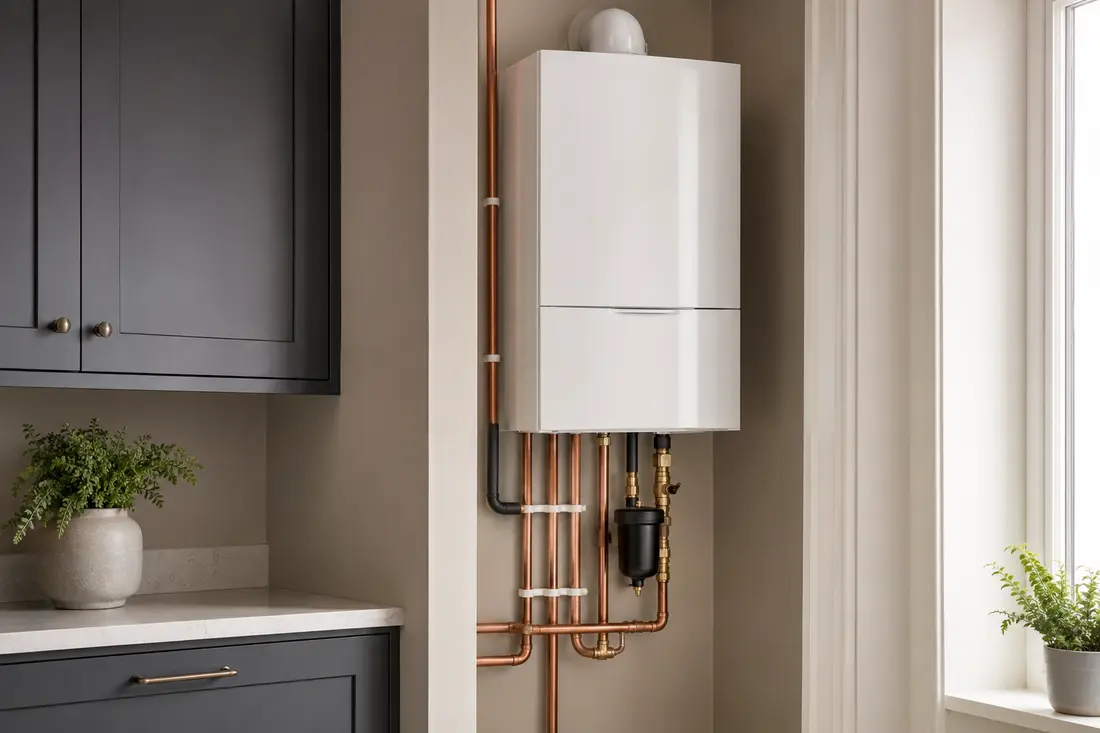 Neatly installed domestic boiler and copper pipework