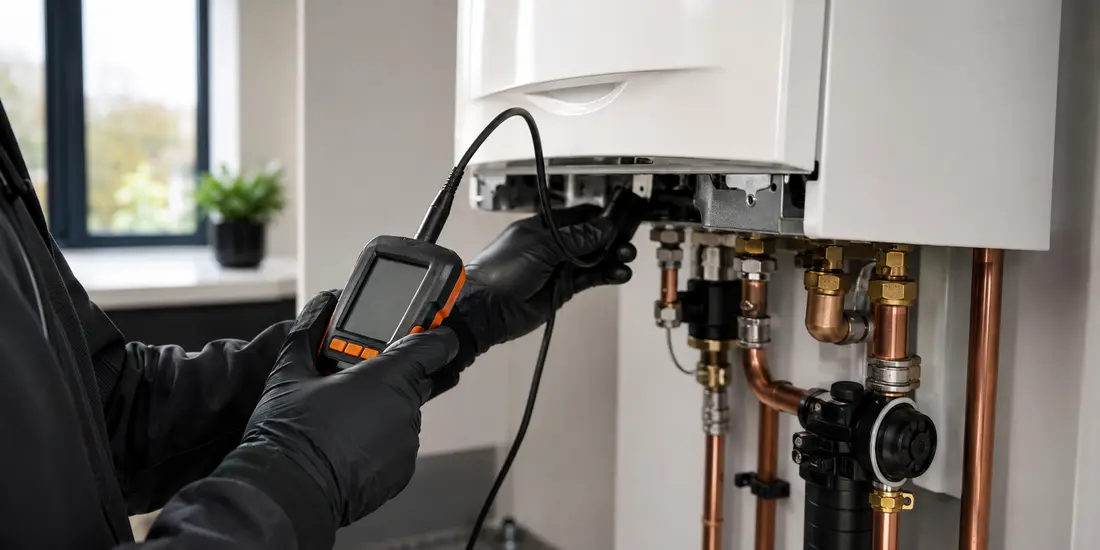 Careful boiler servicing in a clean utility room