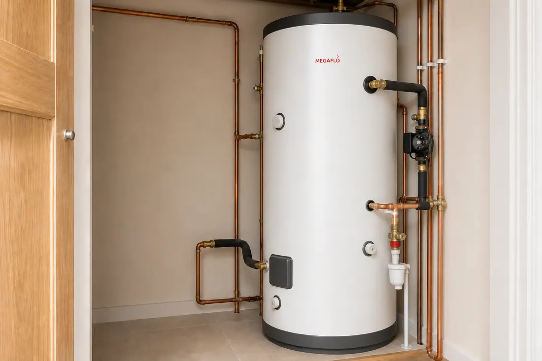 Neatly installed Heatrae Sadia Megaflo unvented hot water cylinder
