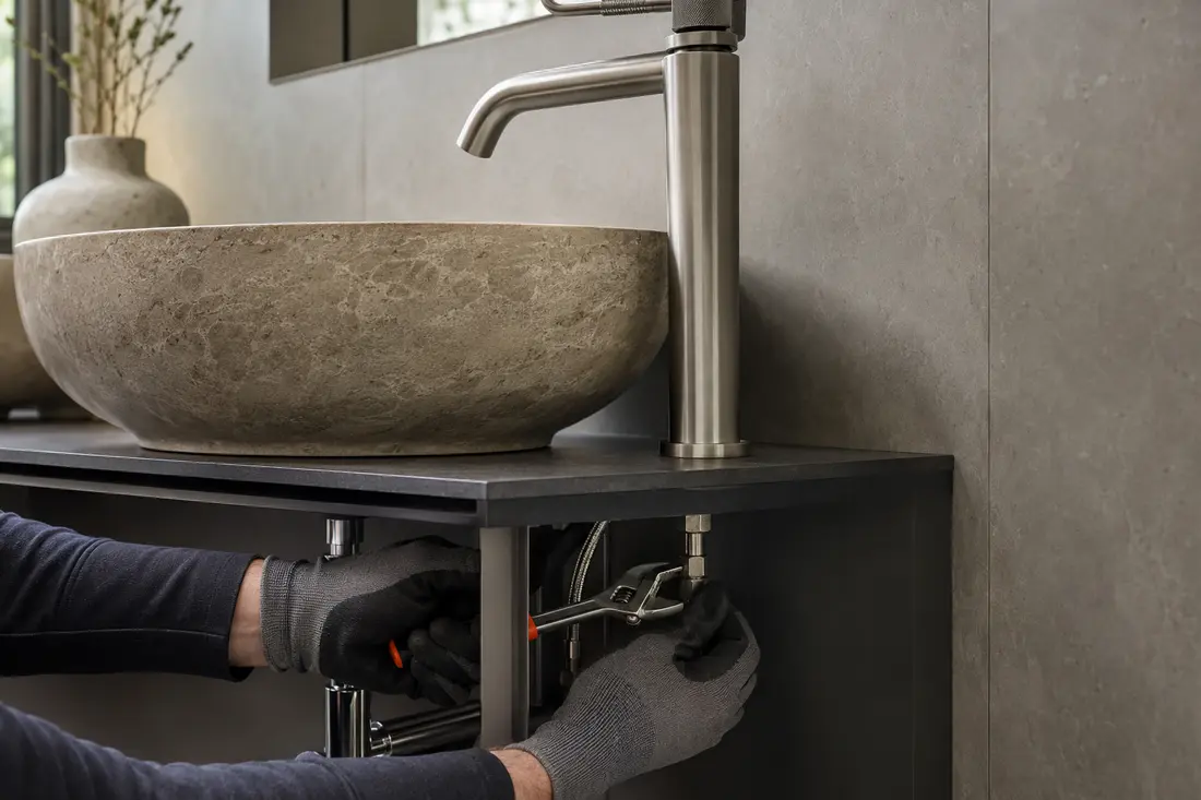 Careful plumbing work in a contemporary bathroom